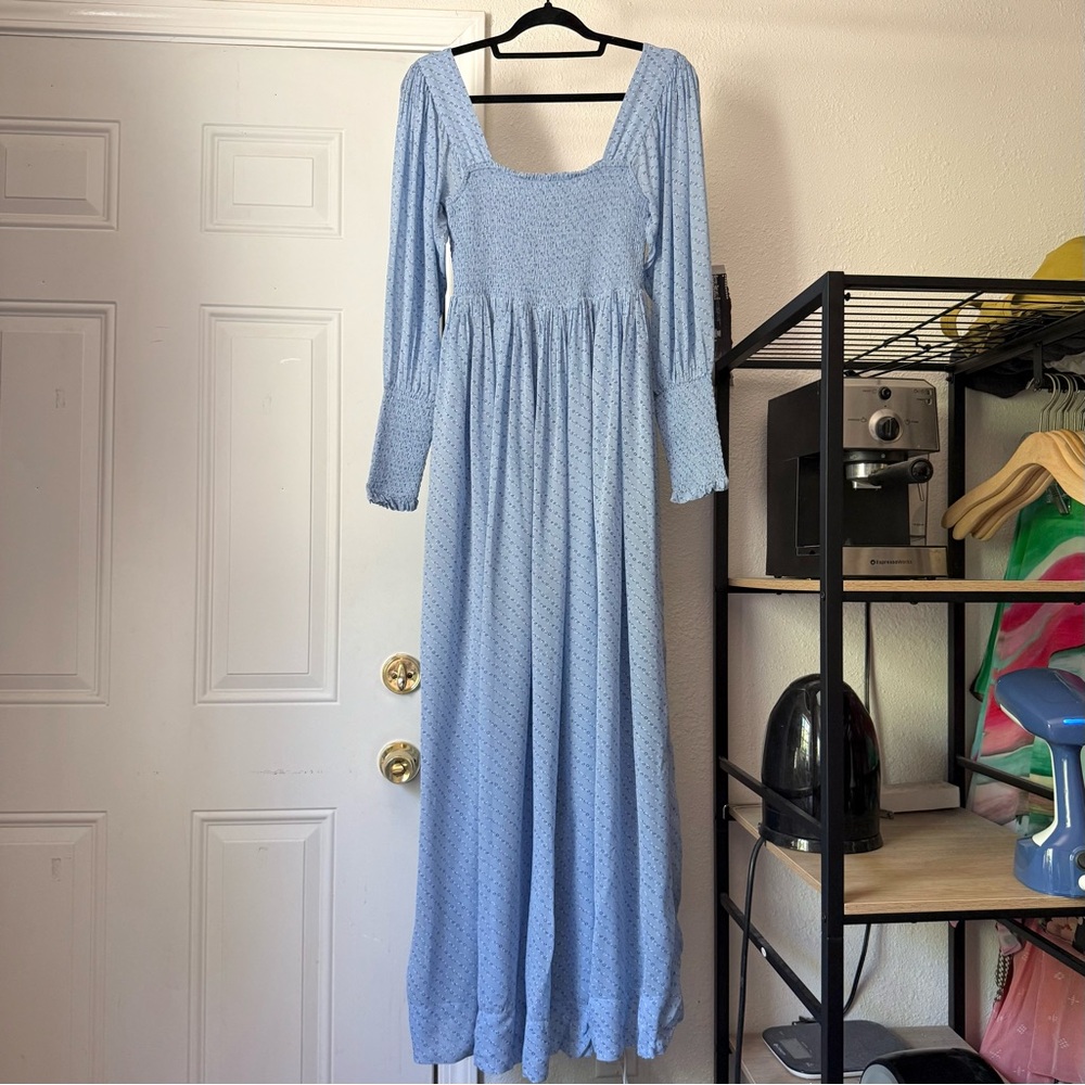 GANNI light baby blue viscose floral smocked square neck puff sleeve maxi dress